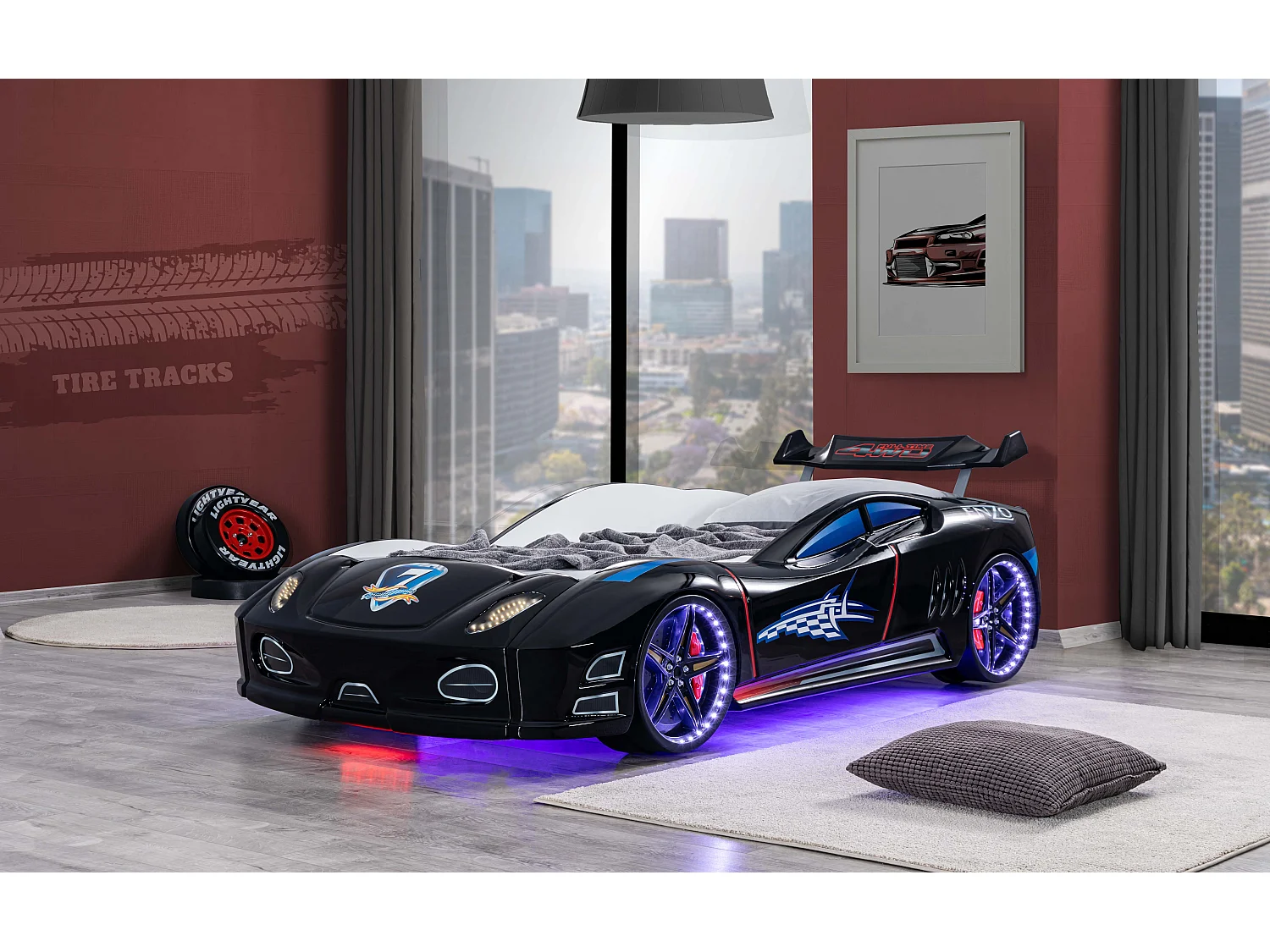 Lit voiture TURBO V7 à LED et bruitages – 90x190-Noir