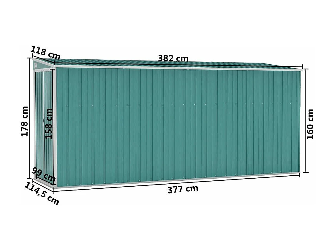 Abri de jardin mural Vert 118x382x178 Acier galvanisé