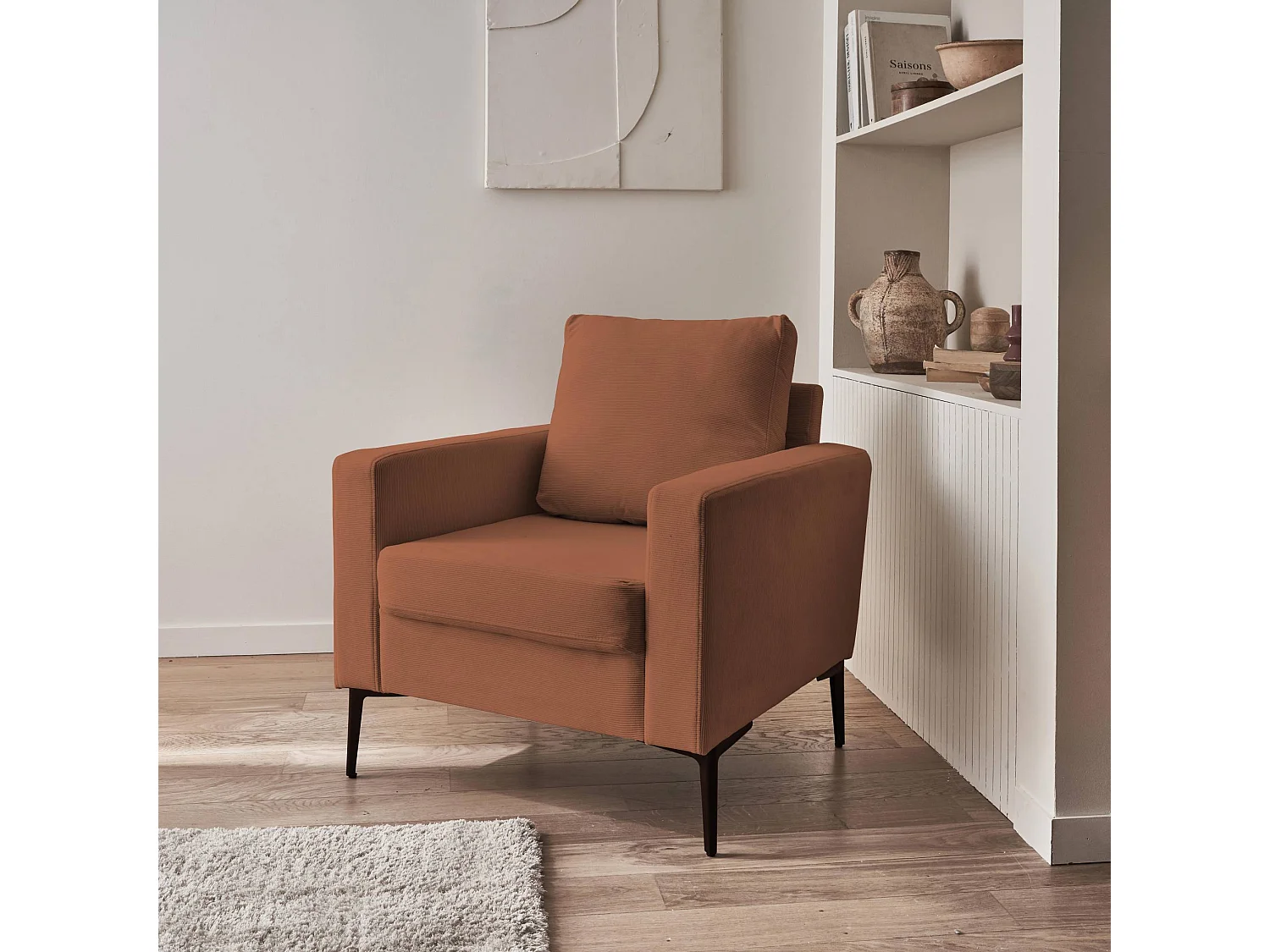 Poltrona in velluto a coste, gambe in metallo, terracotta