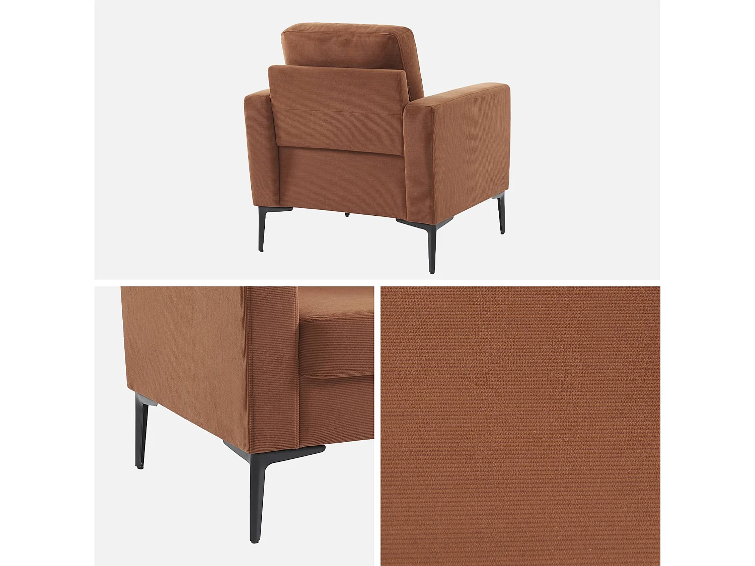 Fauteuil en velours côtelé terracotta - Bjorn - Canapé 1 place fixe droit pieds métal