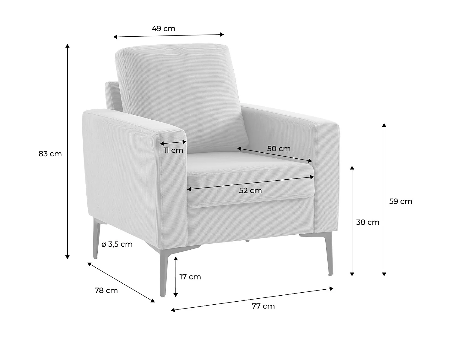 Fauteuil en velours côtelé terracotta - Bjorn - Canapé 1 place fixe droit pieds métal