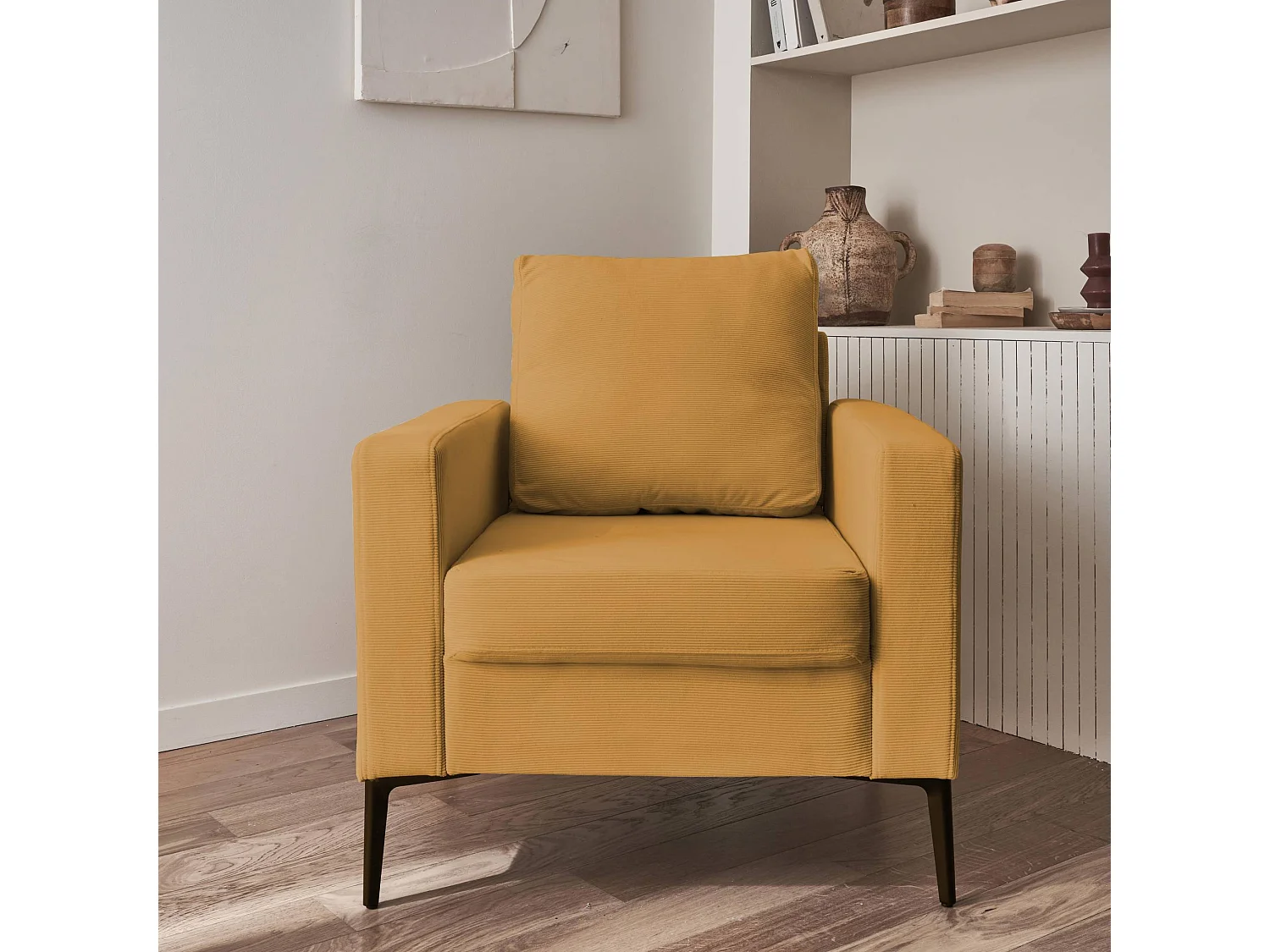 Fauteuil en velours côtelé ocre - Bjorn - Canapé 1 place fixe droit pieds métal