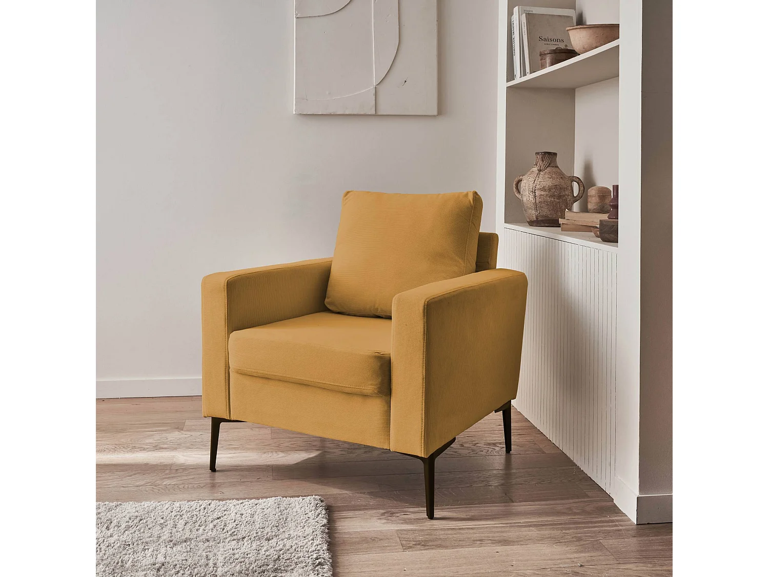 Fauteuil en velours côtelé ocre - Bjorn - Canapé 1 place fixe droit pieds métal