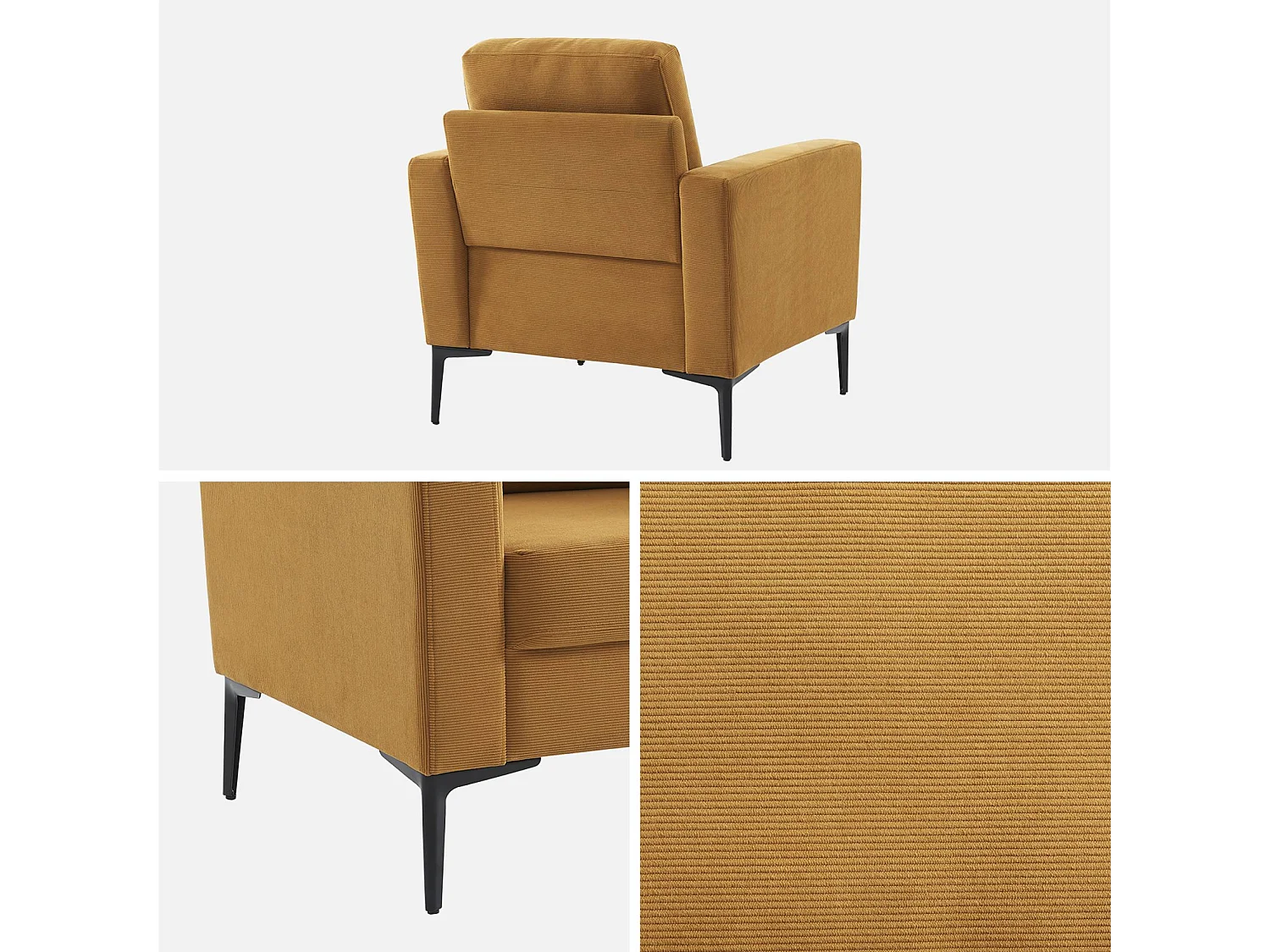 Fauteuil en velours côtelé ocre - Bjorn - Canapé 1 place fixe droit pieds métal