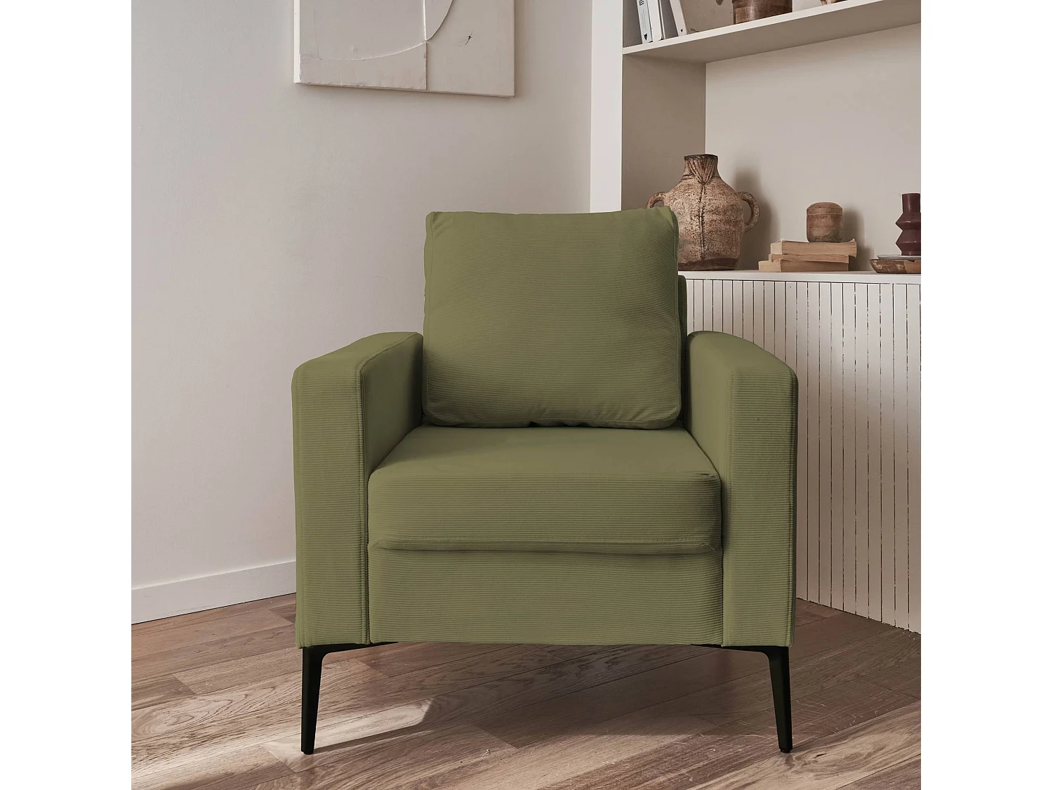 Fauteuil en velours côtelé kaki foncé - Bjorn - Canapé 1 place fixe droit pieds métal