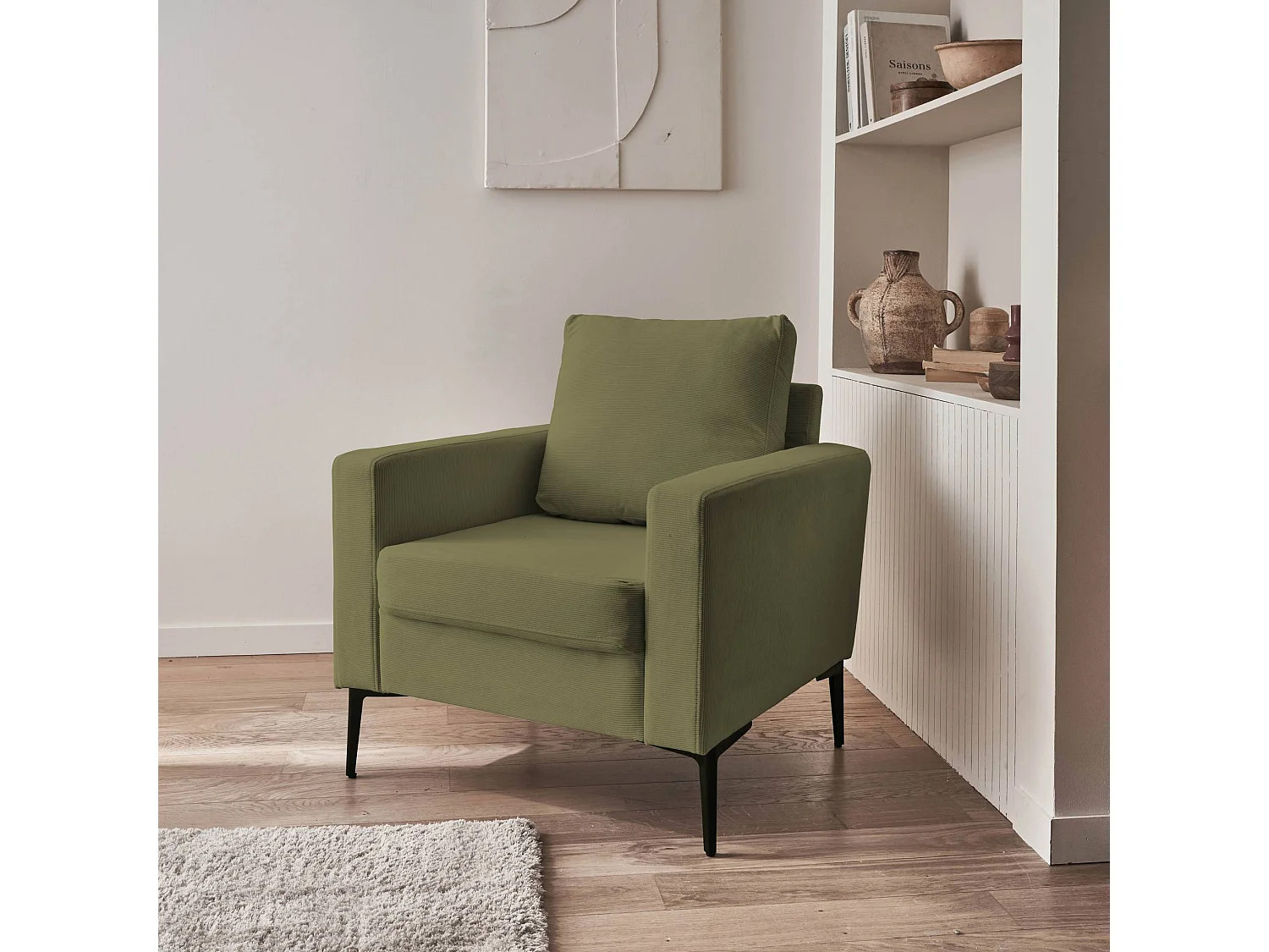 Fauteuil en velours côtelé kaki foncé - Bjorn - Canapé 1 place fixe droit pieds métal