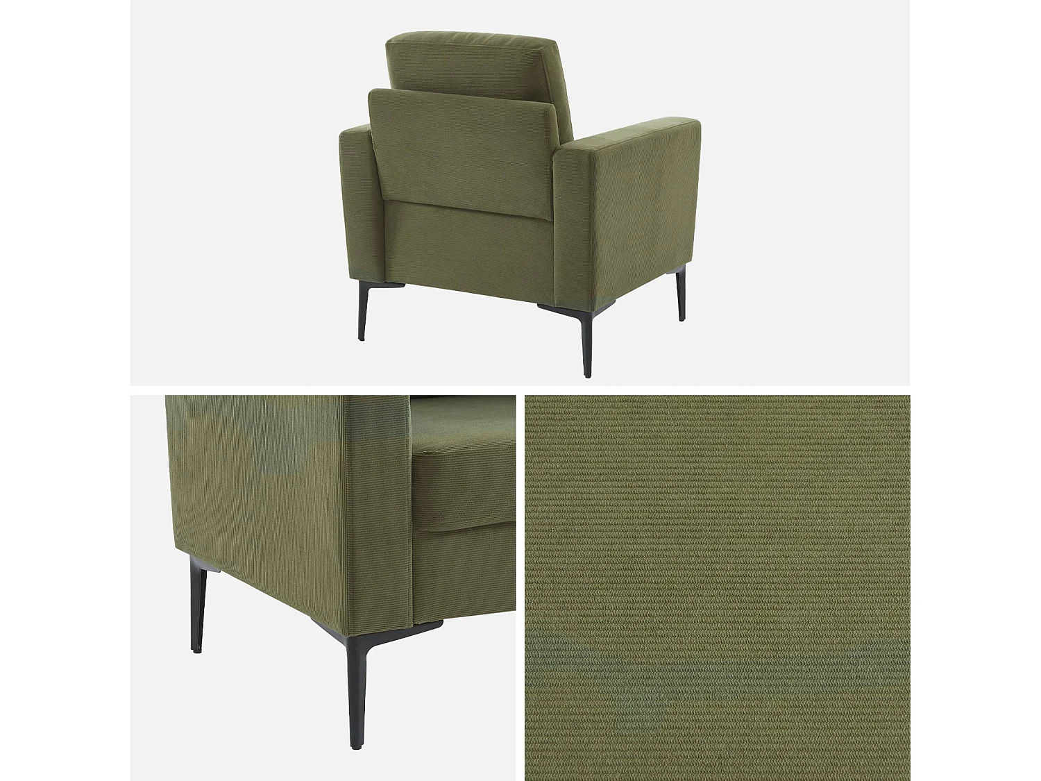 Fauteuil en velours côtelé kaki foncé - Bjorn - Canapé 1 place fixe droit pieds métal