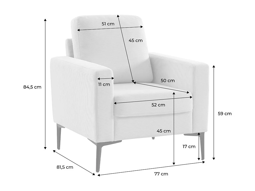 Poltrona in velluto a coste, gambe in metallo, kaki