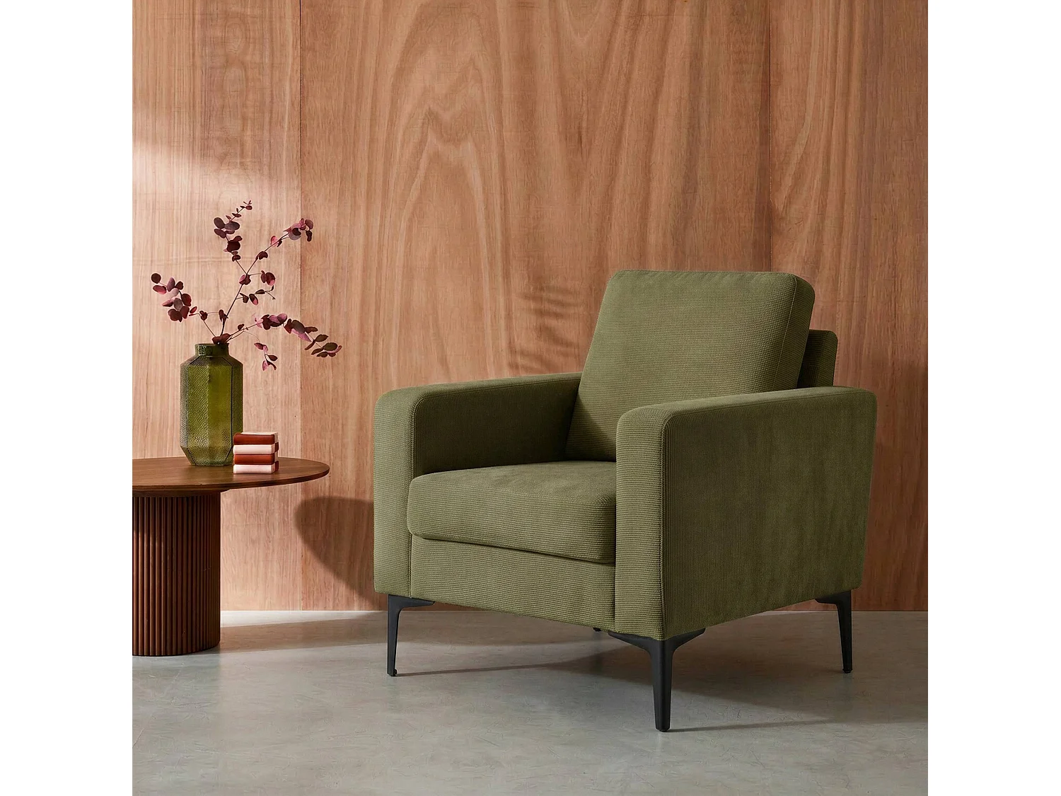 Fauteuil en velours côtelé kaki foncé - Bjorn - Canapé 1 place fixe droit pieds métal