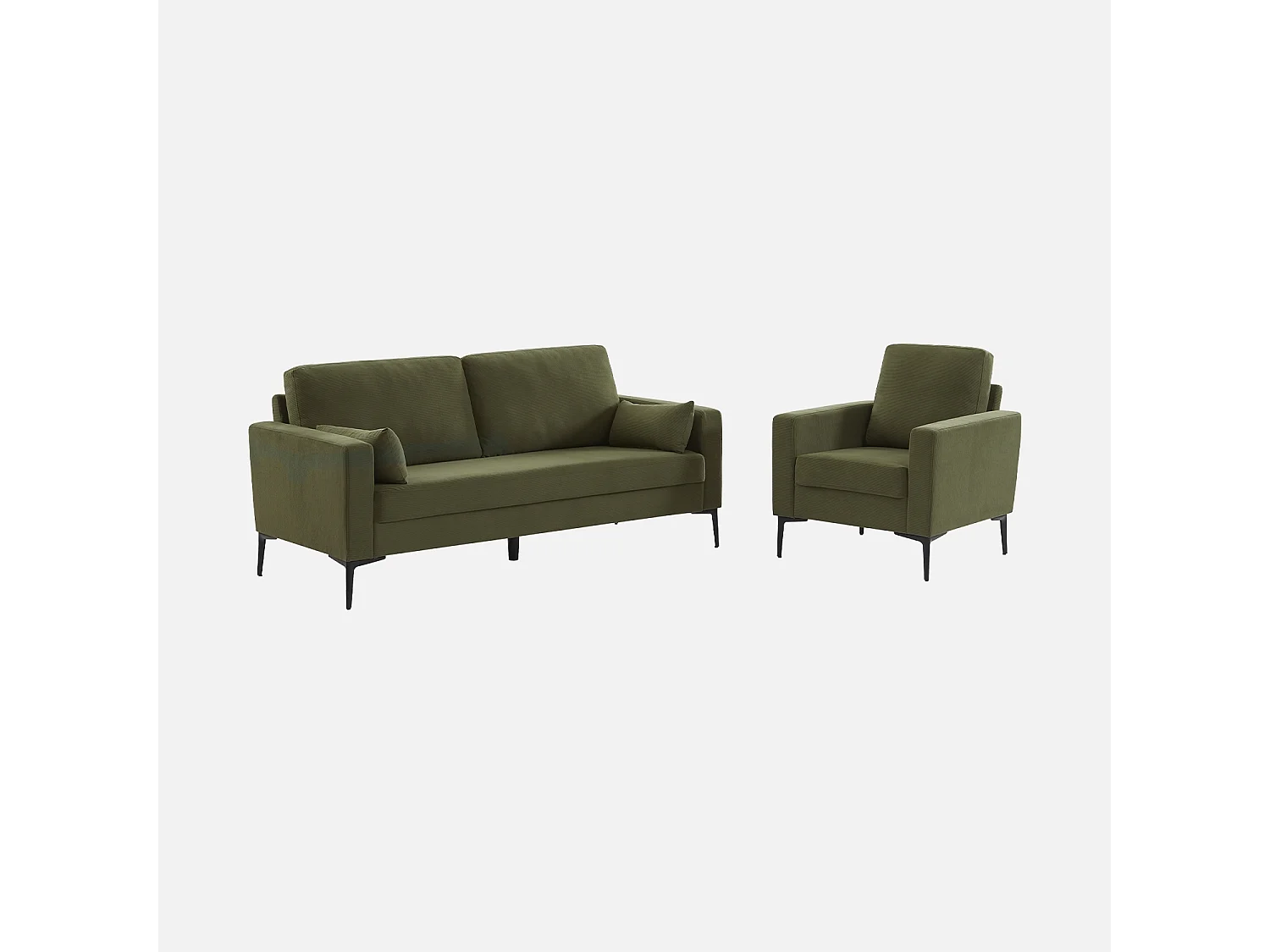Fauteuil en velours côtelé kaki foncé - Bjorn - Canapé 1 place fixe droit pieds métal