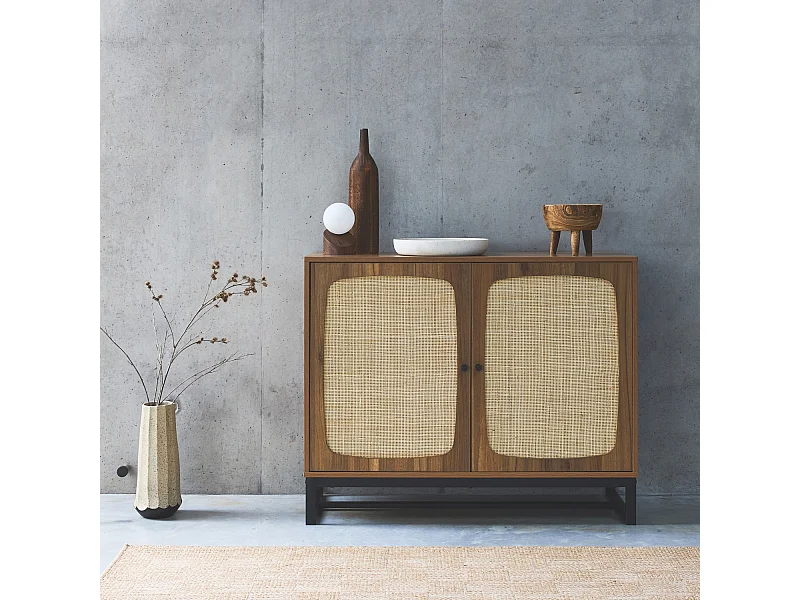 Credenza a 2 ante in canna e legno, 100cm, marrone naturale