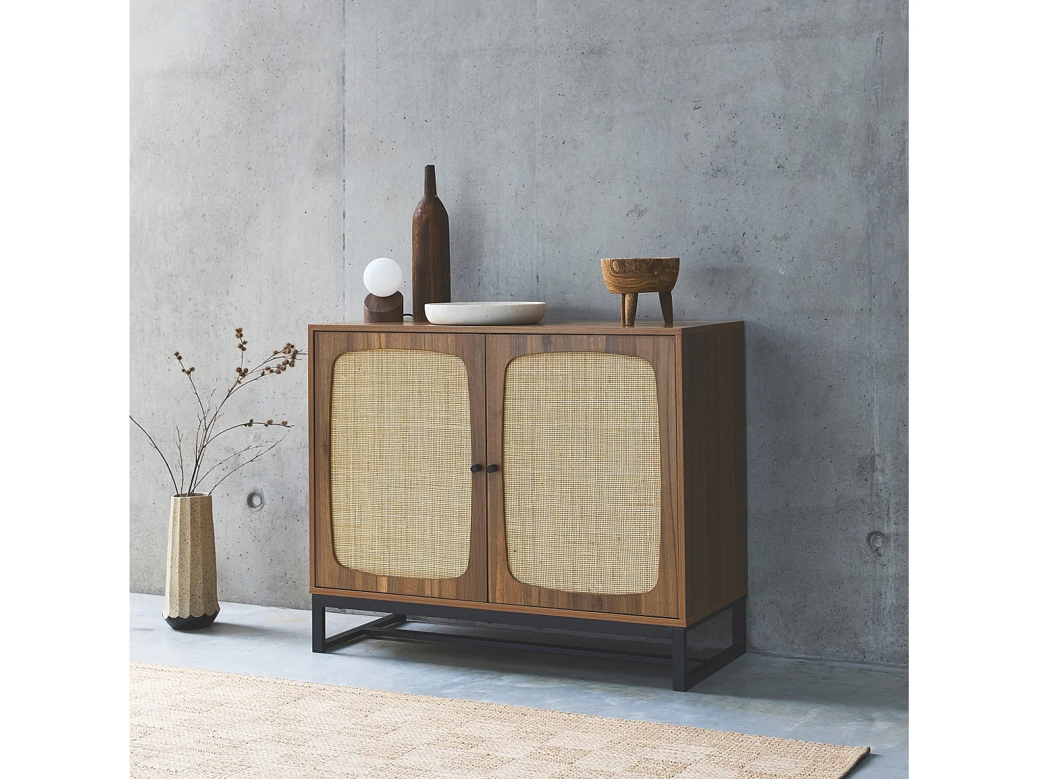 Credenza a 2 ante in canna e legno, 100cm, marrone naturale