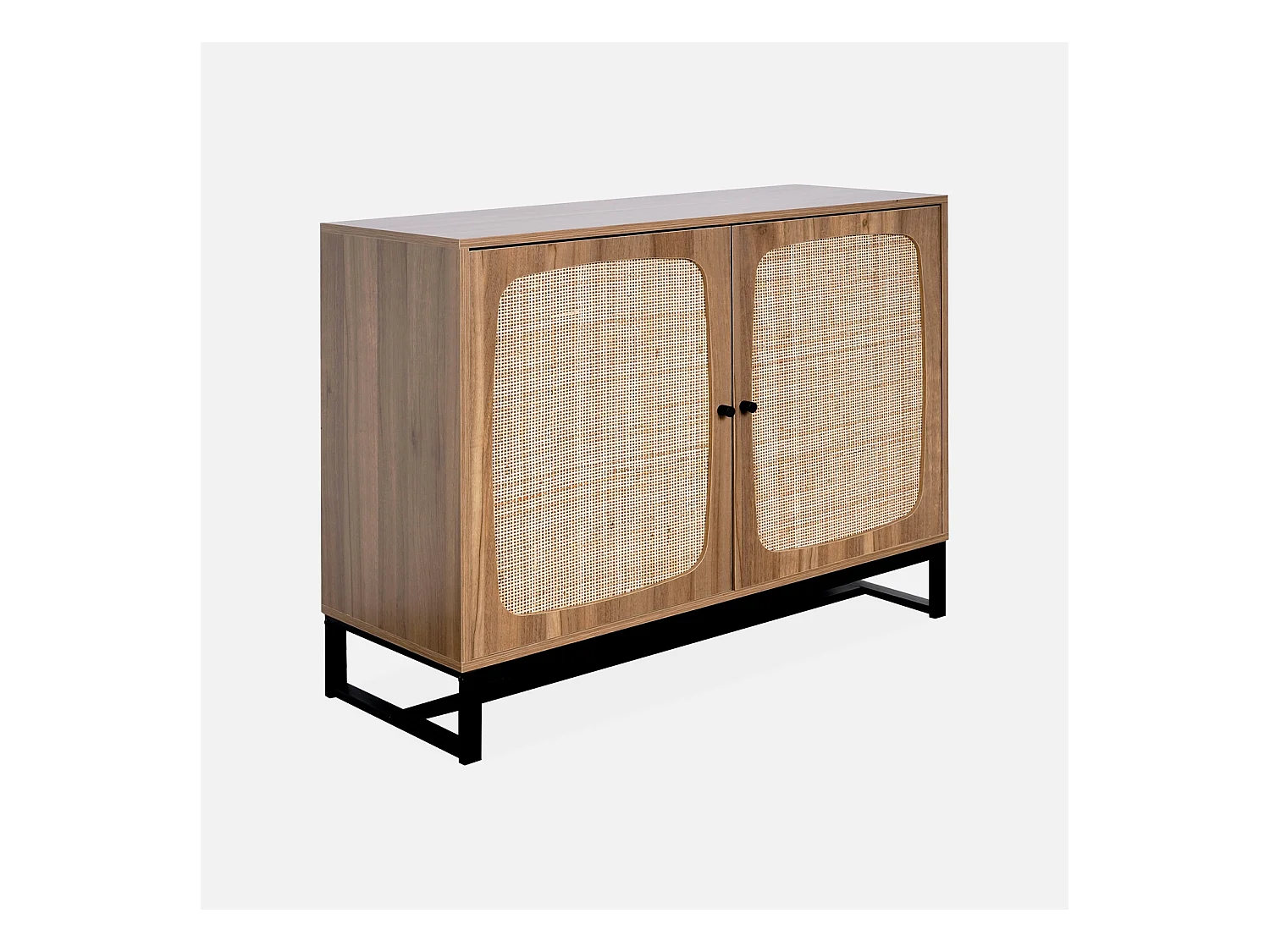 Buffet rétro décor bois foncé et cannage. buffet haut. vaisselier. 2 portes avec pieds en métal noir L100cm