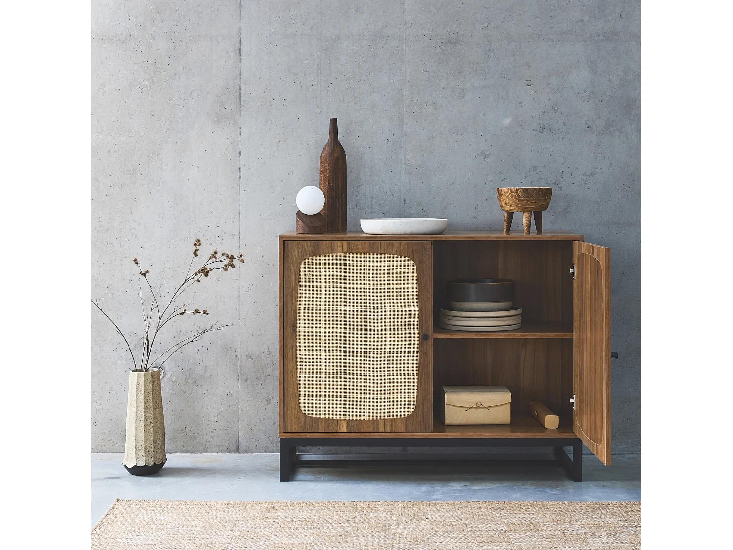 Credenza a 2 ante in canna e legno, 100cm, marrone naturale