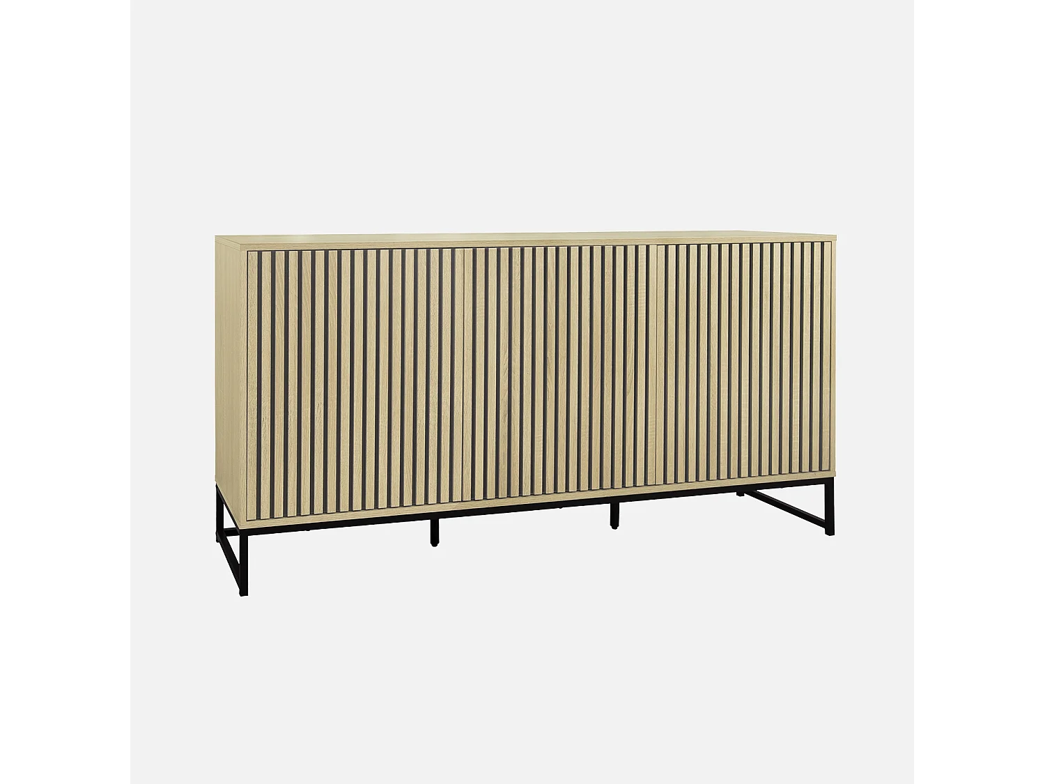 Buffet style contemporain avec 3 portes effet bois rainuré ouverture par pression. buffet bas. piètement en métal noir L160cm