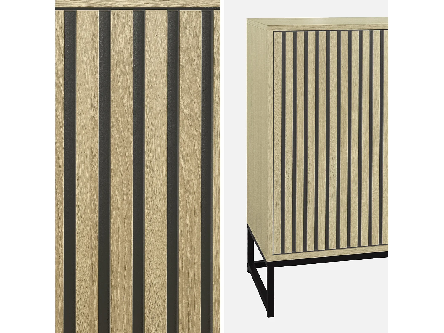 Buffet style contemporain avec 3 portes effet bois rainuré ouverture par pression. buffet bas. piètement en métal noir L160cm