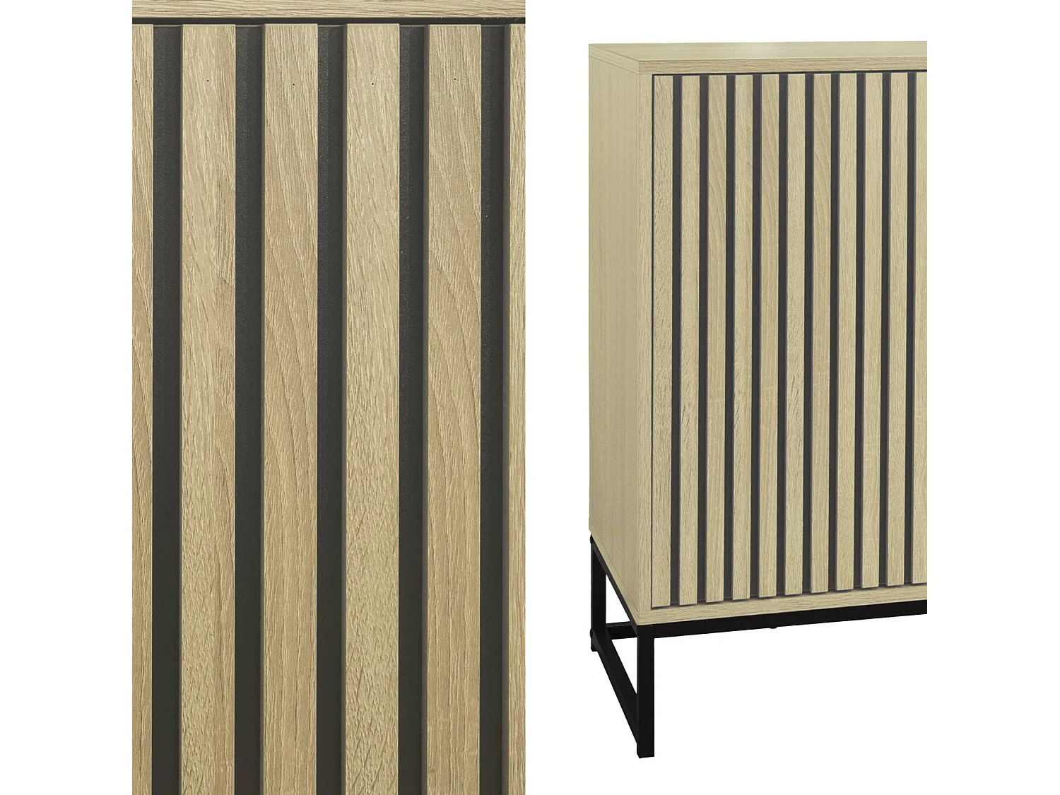 Buffet style contemporain avec 3 portes effet bois rainuré ouverture par pression. buffet bas. piètement en métal noir L160cm
