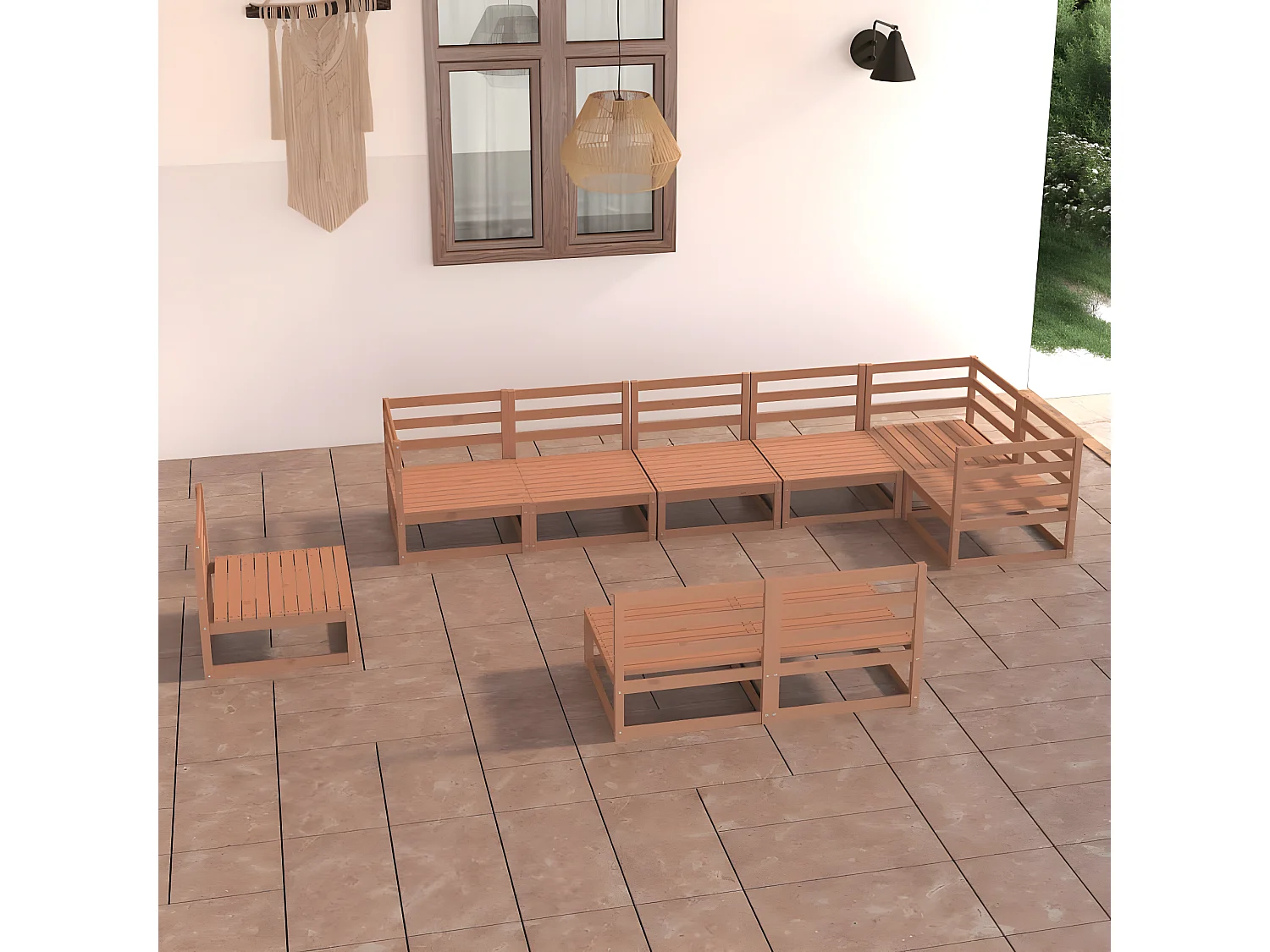 Salon de jardin 9 pcs marron miel bois de pin massif