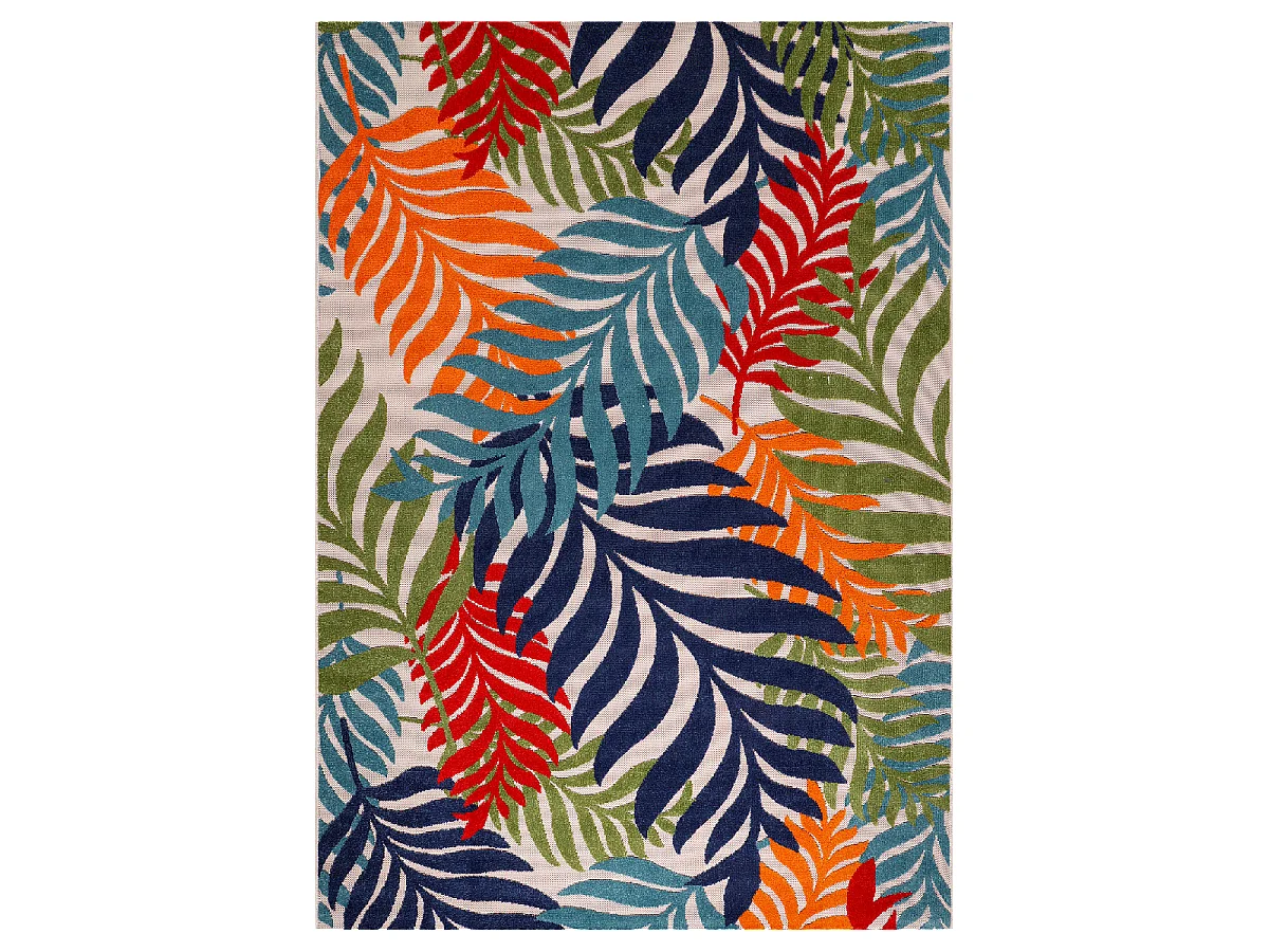 Tapis extérieur Ø200cm rond tissé kilim bleu et rouge CHIMEK