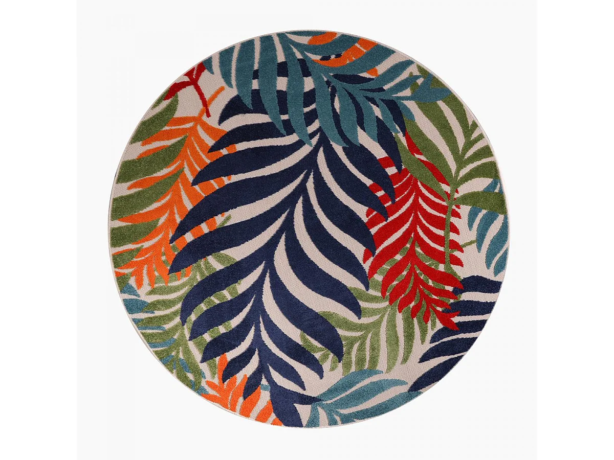 Tapis extérieur Ø200cm rond tissé kilim bleu et rouge CHIMEK