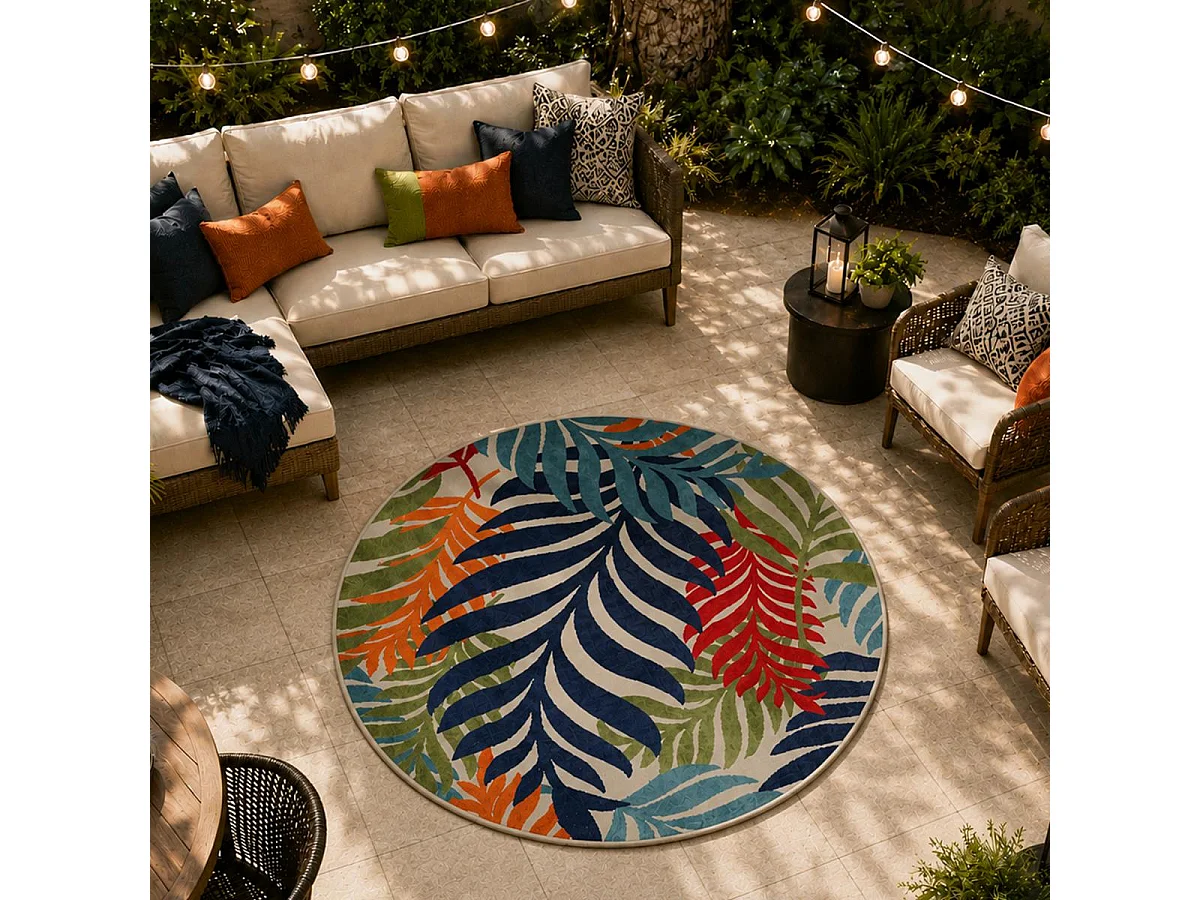 Tappeto da esterno Ø200 cm tessuto rotondo kilim blu e rosso CHIMEK