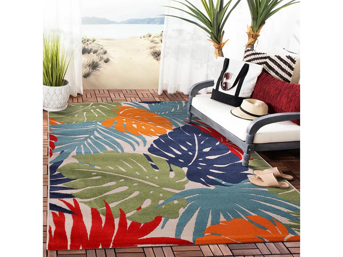Tapis extérieur Ø200cm rond tissé kilim bleu et rouge CHIMEKI