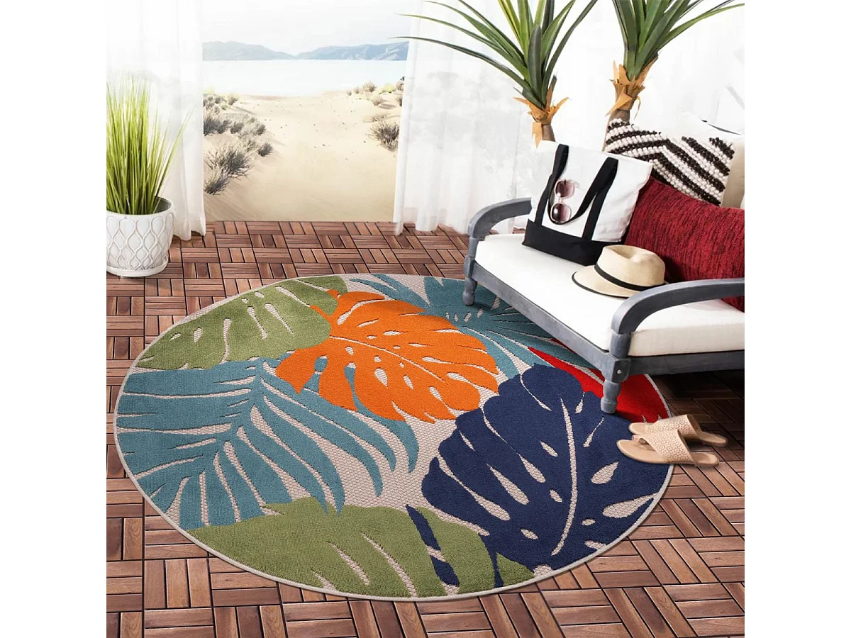 Tapis rond d'extérieur Ø200cm tissé kilim bleu et rouge CHIMEKI