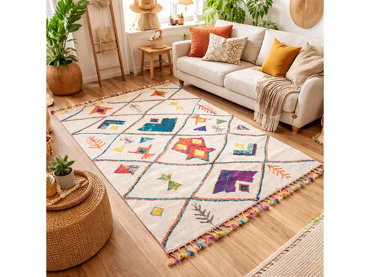 Tapis berbère 240x340 tissé motifs tribaux LYN5 OURIKA C blanc