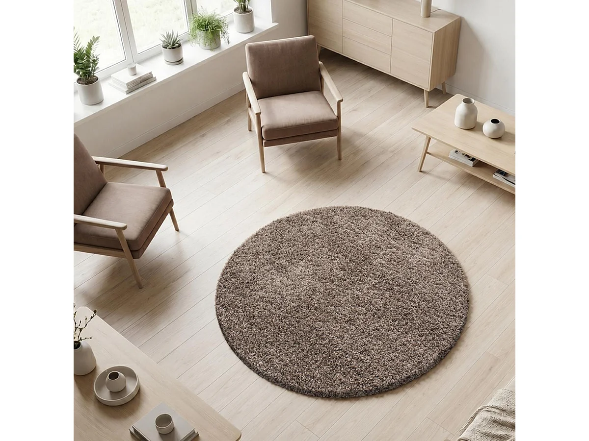 Alfombra Shaggy de pelo largo Ø120cm redonda tejida mocca estampado liso UNI L