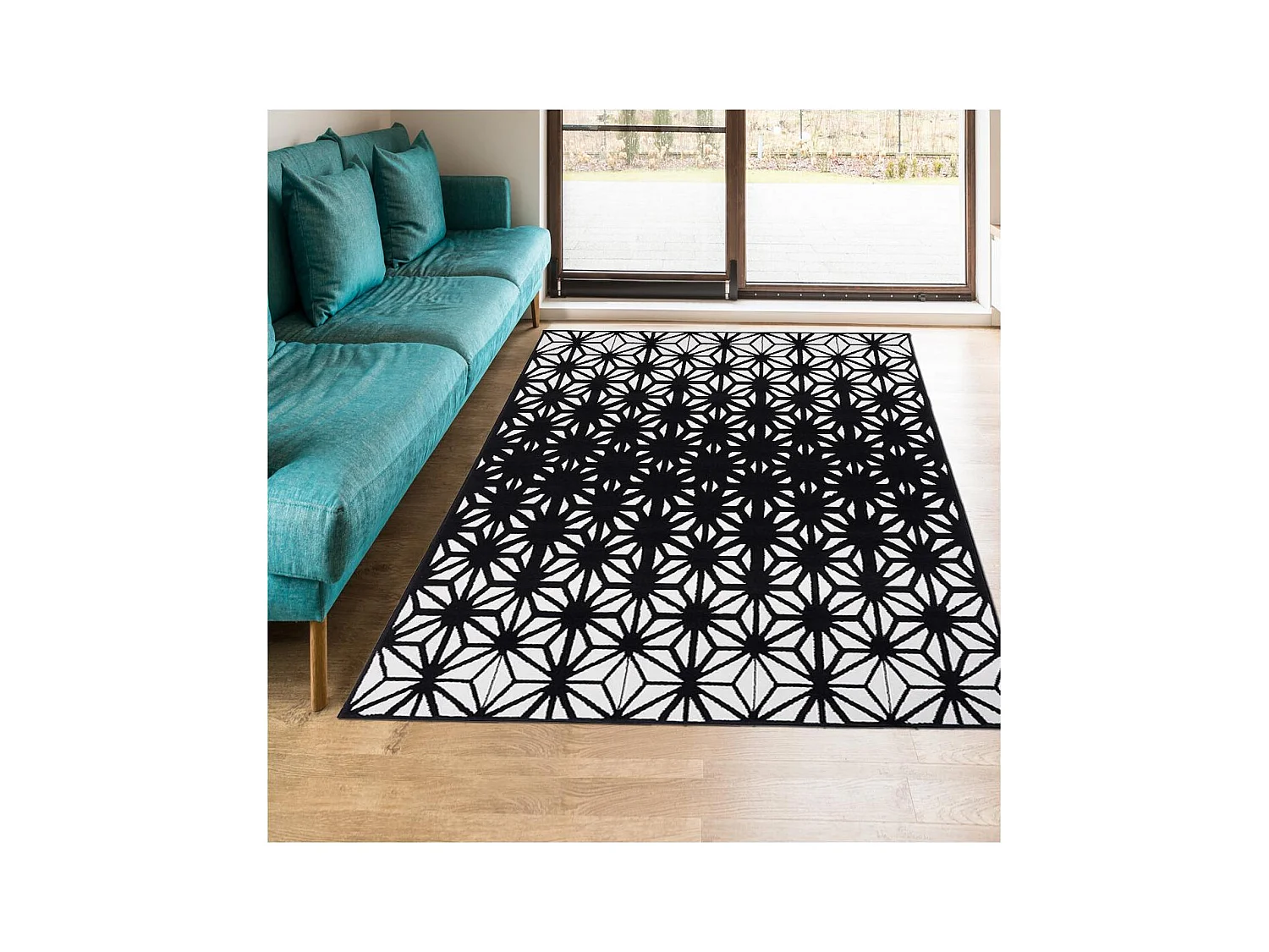 tapis chambre 80x150 tissé noir rectangle motif géométrique LYN1 RECTO