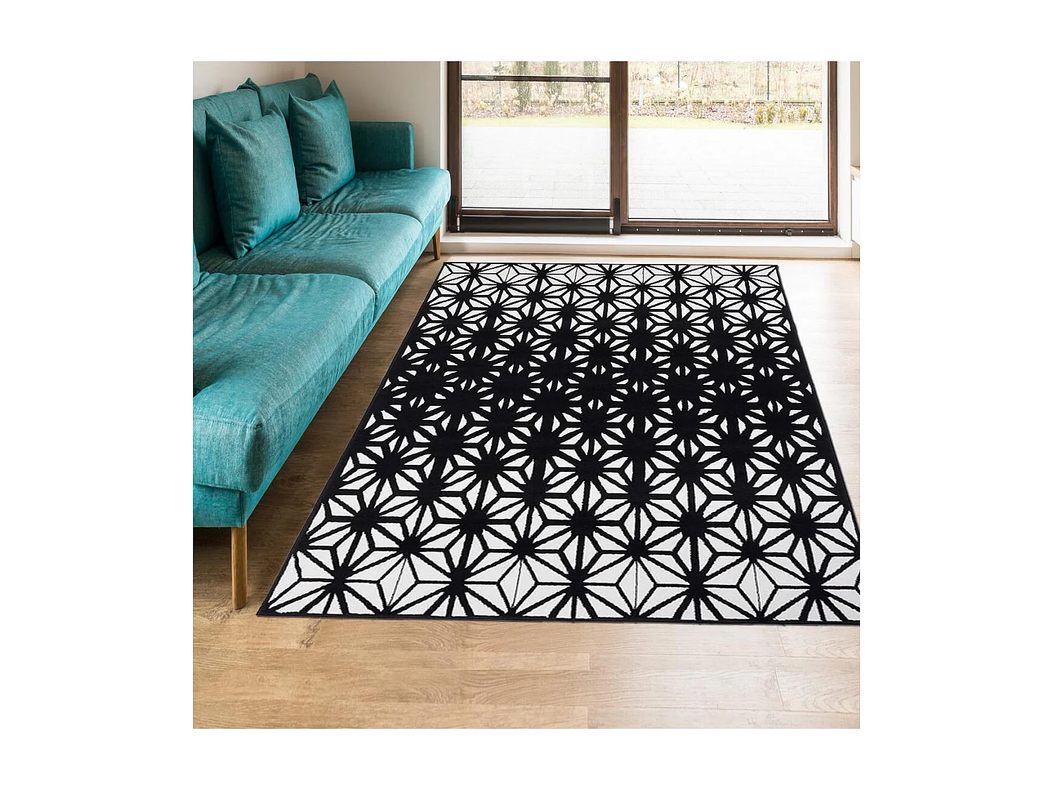 tapis chambre 80x150 tissé noir rectangle motif géométrique LYN1 RECTO