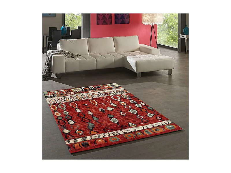 Tapis berbère 200x290 tissé motifs tribaux LYN8 MOROCO rouge