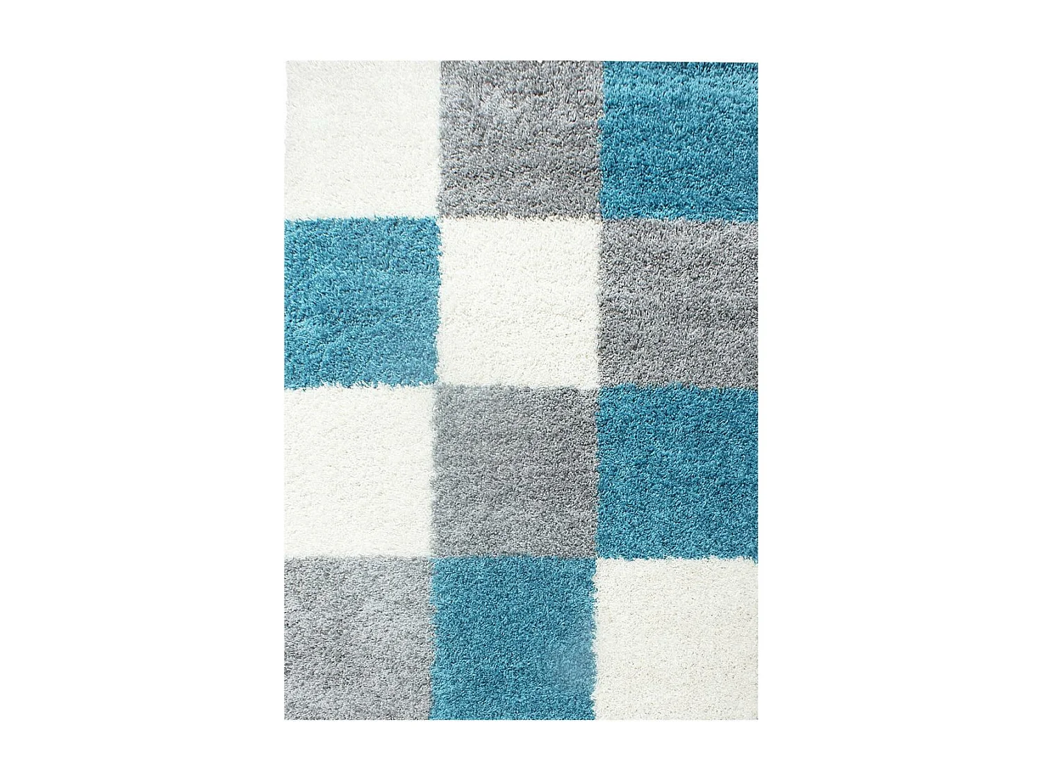 Tapis poils longs shaggy 80x250 rectangle tissé bleu ciel et gris motif damier