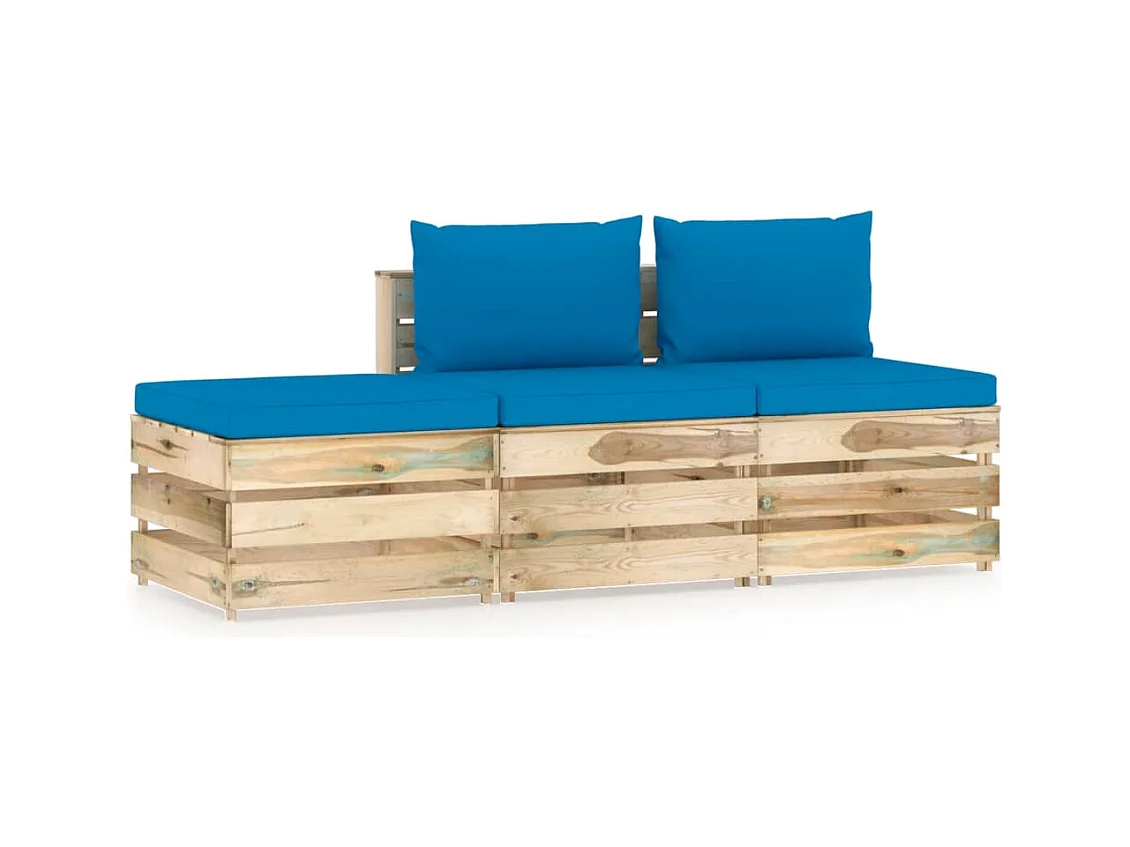 3 Stück Gartenmöbel mit Kissen. Mit Grün imprägniertes Holz