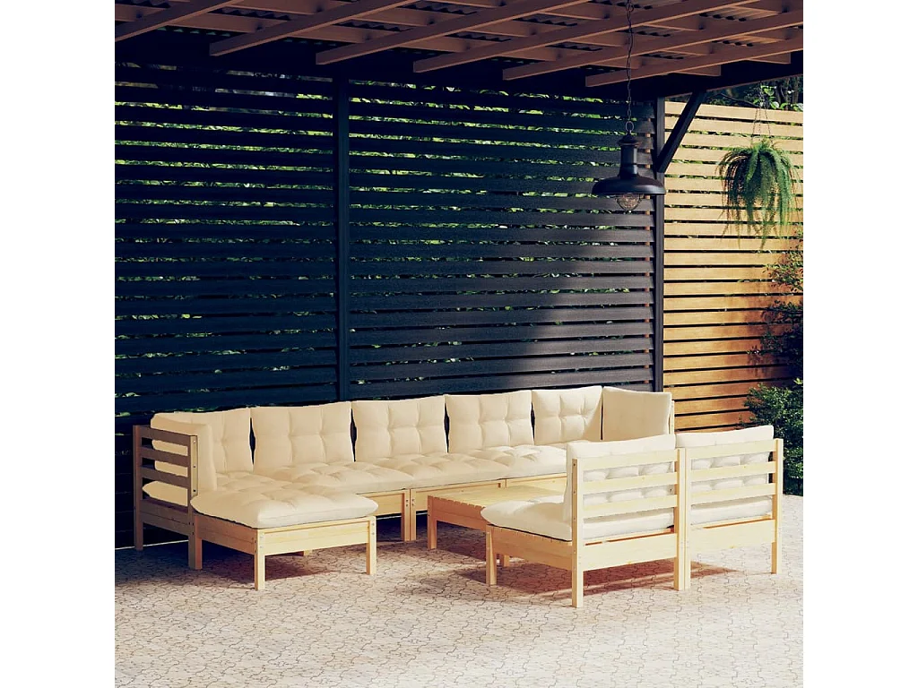 10 Stück Gartenmöbel mit Kissen aus cremefarbenem Kiefernholz