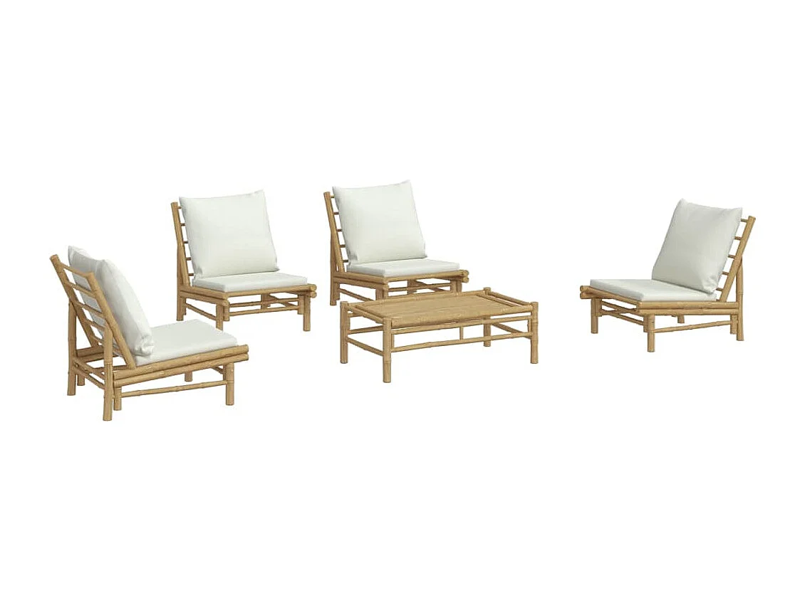 Salon de jardin 5 pcs avec coussins blanc crème bambou