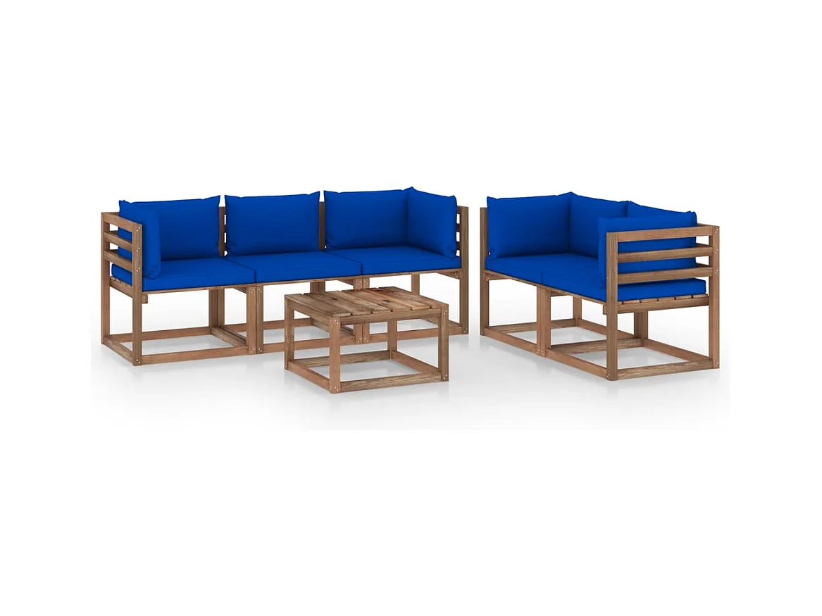 6 stuks tuinmeubelen met blauwe kussens
