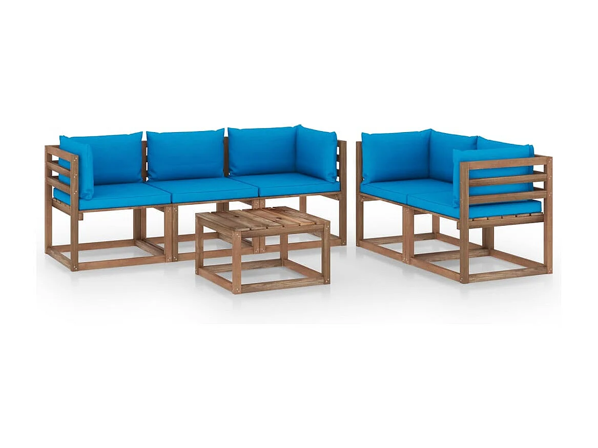 6 stuks tuinmeubelen met lichtblauwe kussens