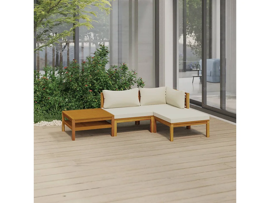Salon de jardin 4 pcs avec coussin crème Bois d'acacia solide