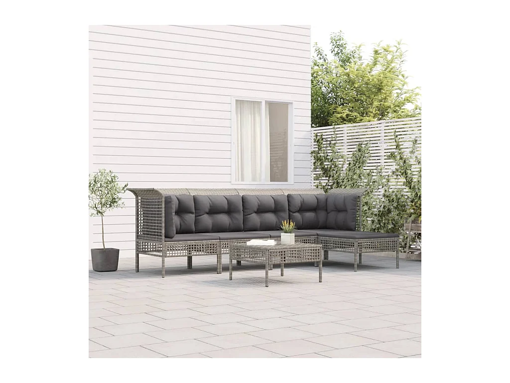 6 stuks tuinmeubelen met grijze kussens Harsvlechtwerk