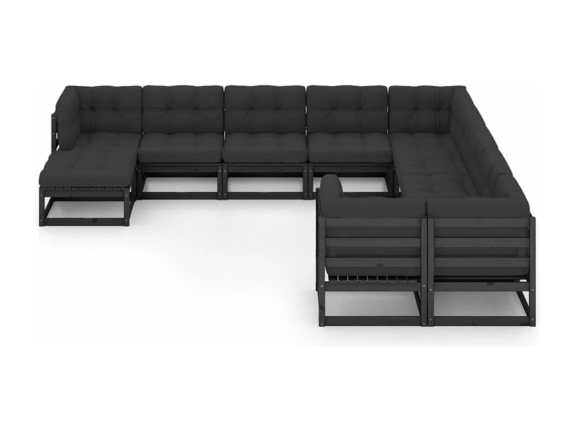 Salon de jardin 11 pcs avec coussins Noir Bois de pin massif