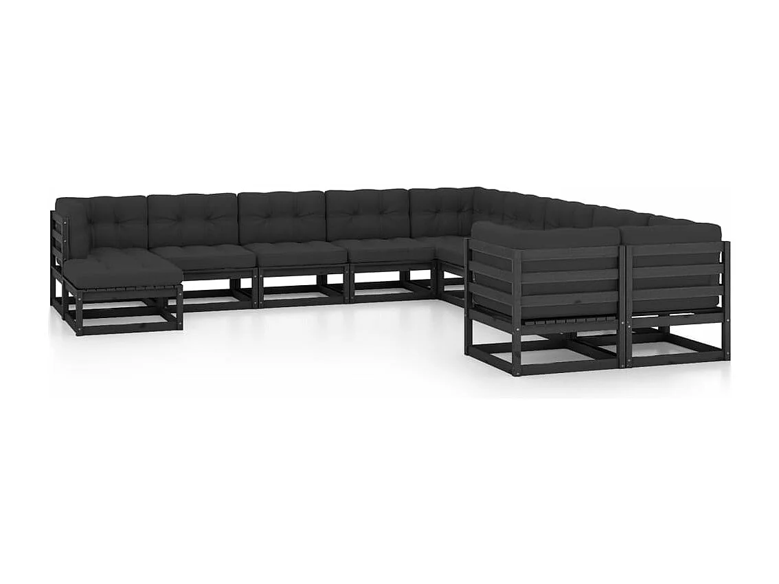 Salon de jardin 11 pcs avec coussins Noir Bois de pin massif