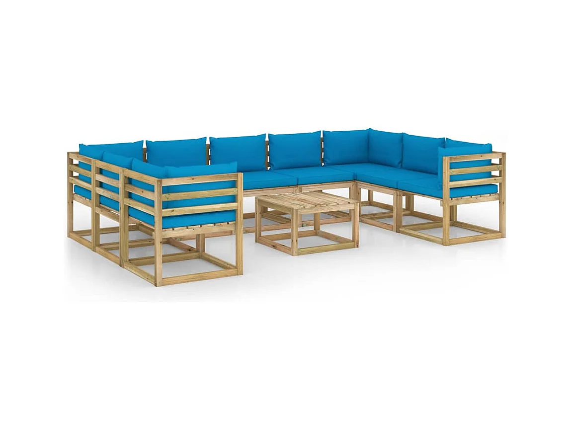 Salon de jardin 10 pcs avec coussins bois de pin imprégné