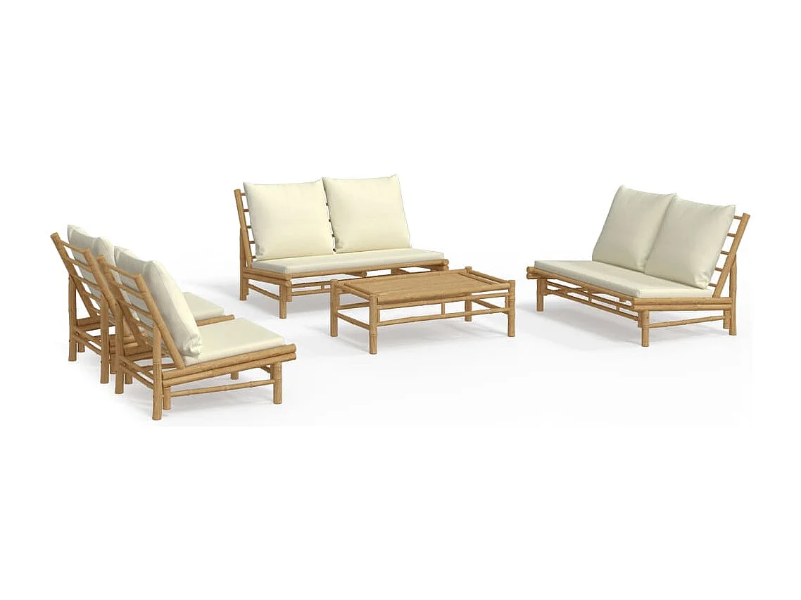 Muebles de jardín de 5 piezas con cojines de bambú blanco crema.