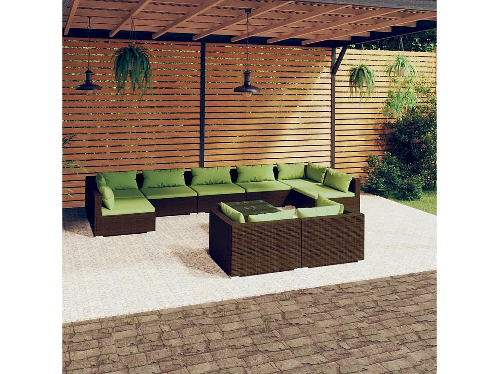 Salon de jardin 10 pcs avec coussins Marron Résine tressée