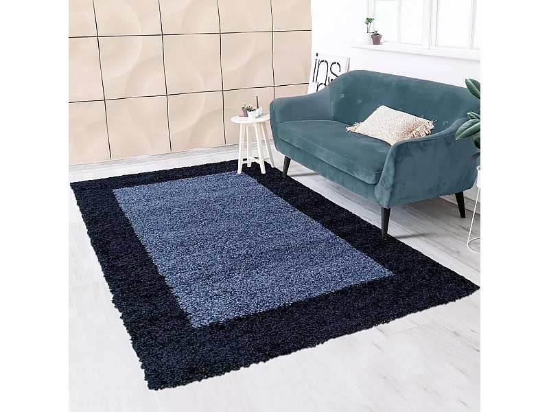Tapis poils longs shaggy 160x230 rectangle tissé bleu et bleu foncé
