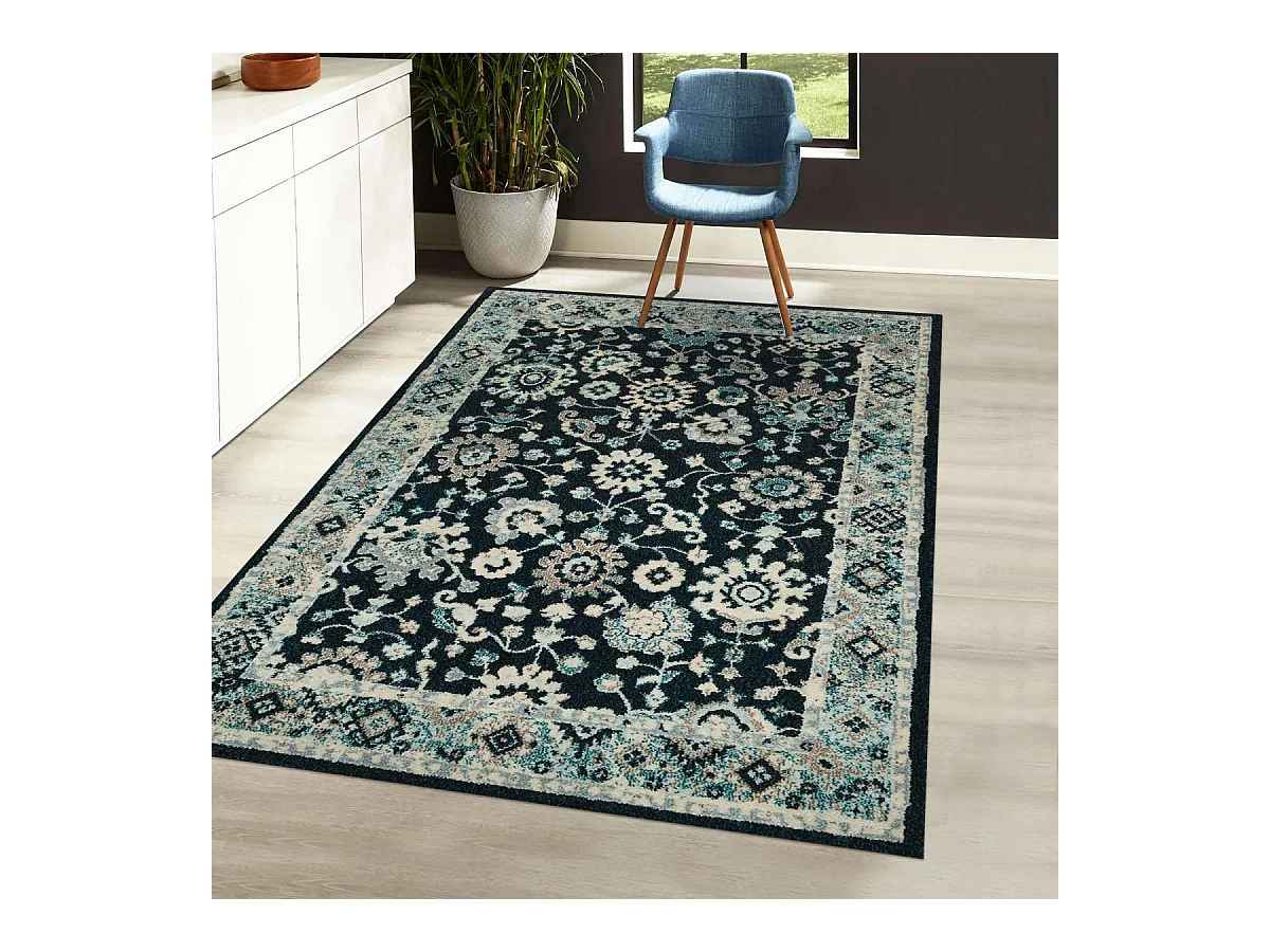 Tapis orient 200x290 rectangle bleu et bleu ciel tissé motif classique OLFA