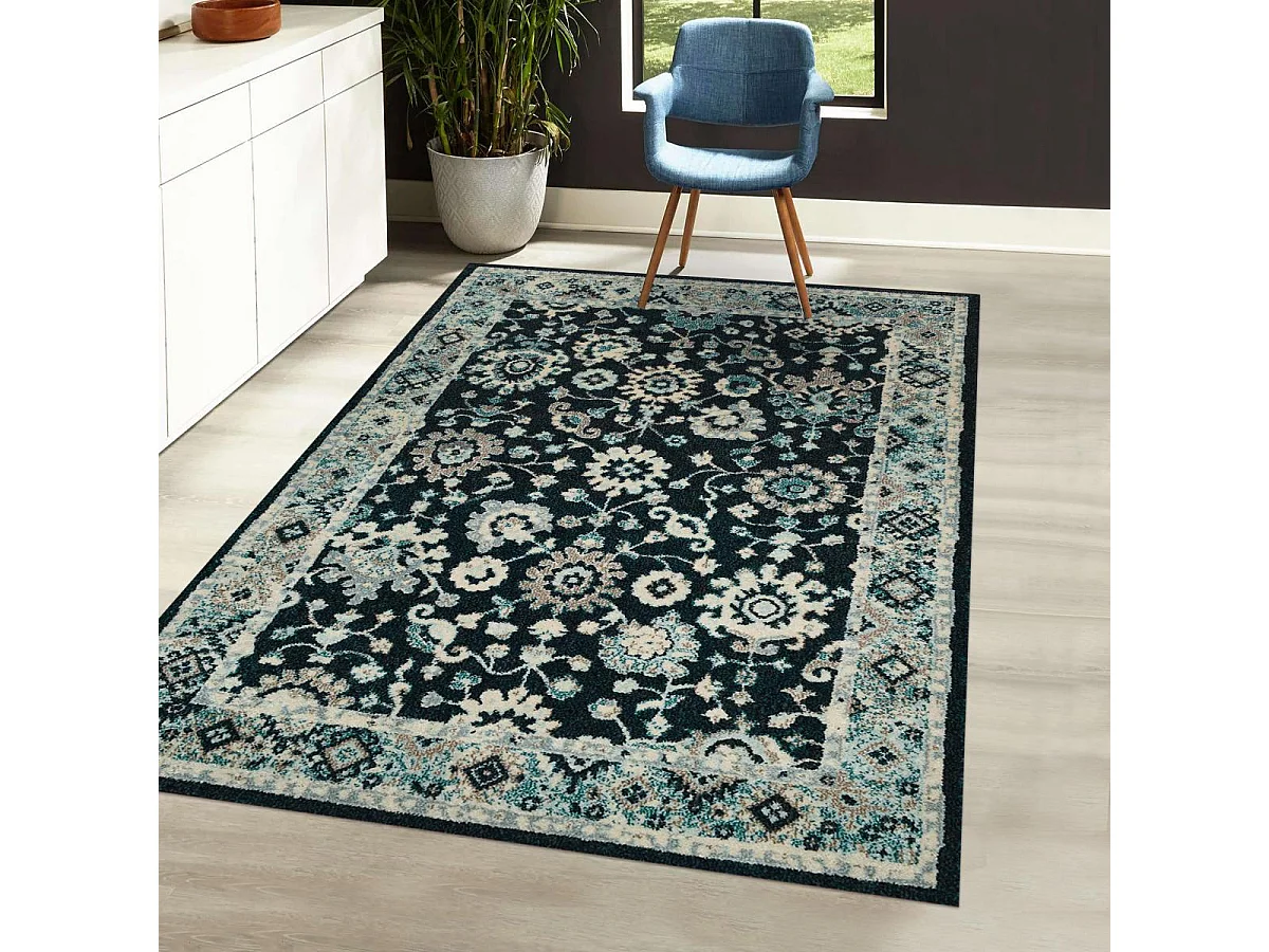 Tapis orient 200x290 rectangle bleu et bleu ciel tissé motif classique OLFA