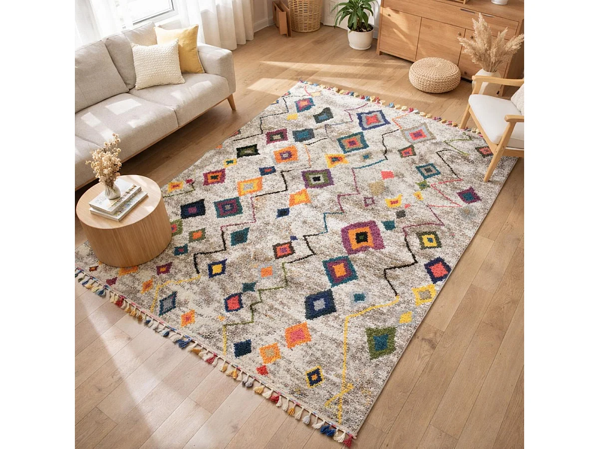 Tapis berbère 200x290 tissé motif ethnic LYN5 ESSARO gris et rouge