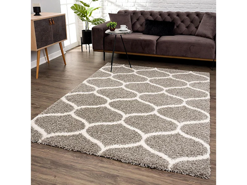 Tapis longs poils shaggy 140x200 rectangle tissé gris motif scandinave